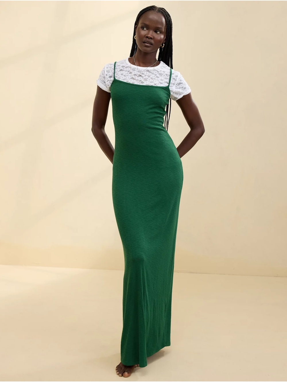 aerie Real Soft Stretch Bodycon Forest Green Spaghetti-Strap Maxi Dress